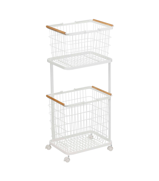 Rolling Laundry Cart + Wire Baskets - Steel + Wood